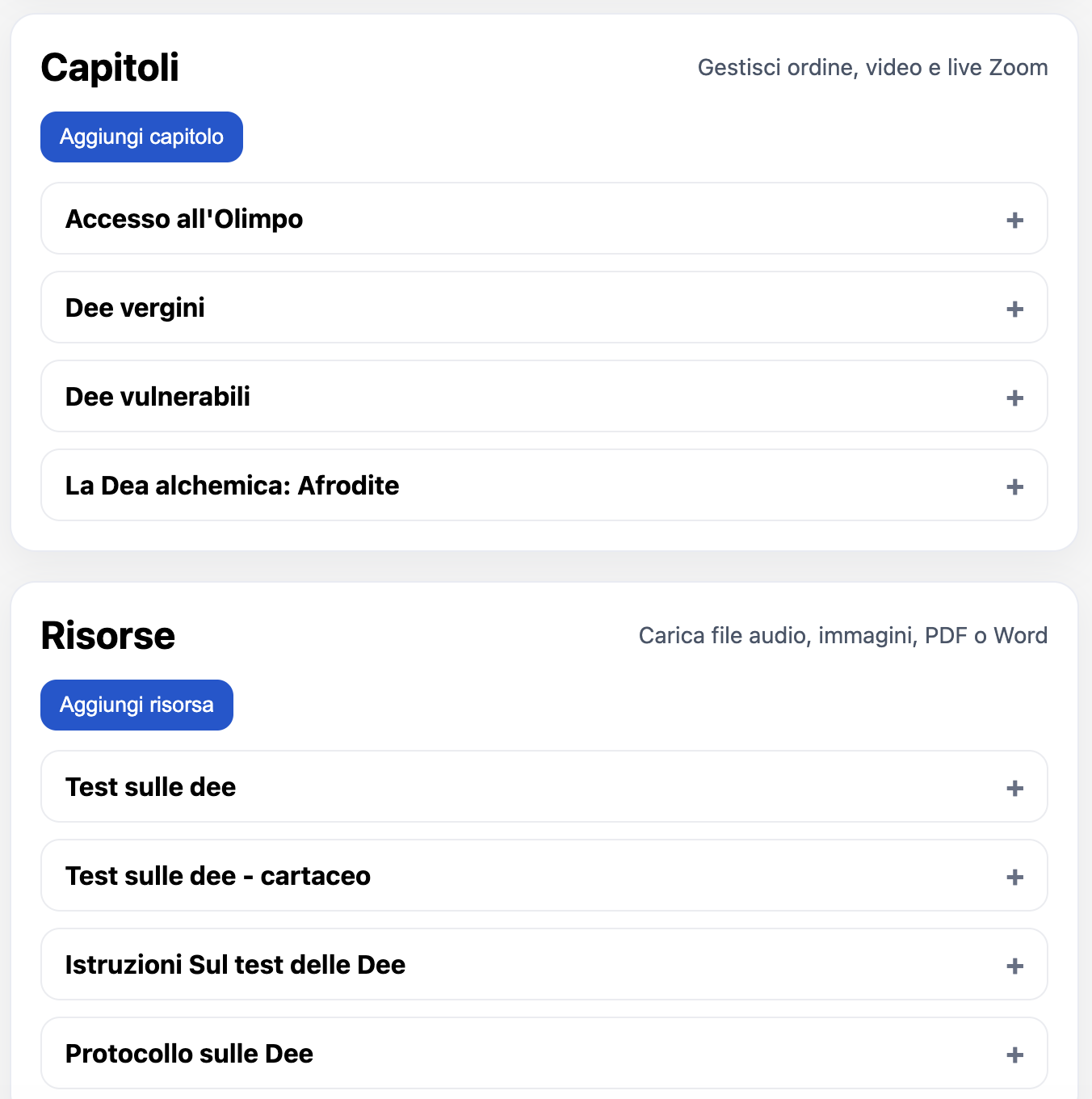 Anteprima struttura corso in lezioni e moduli