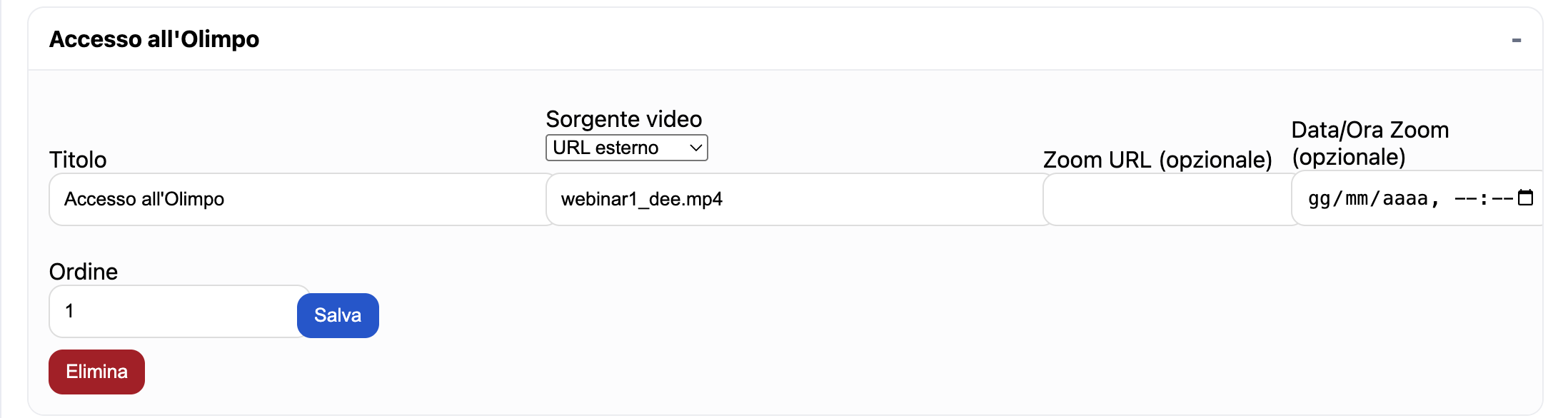 Anteprima caricamento video e materiali del corso
